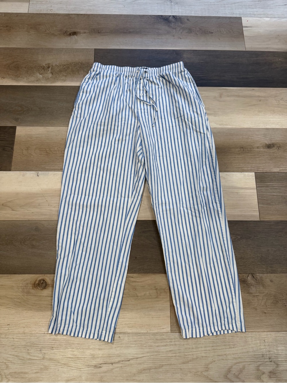 Blue & White Vertical Stripe Straight-Leg Pants with Drawstring Waist